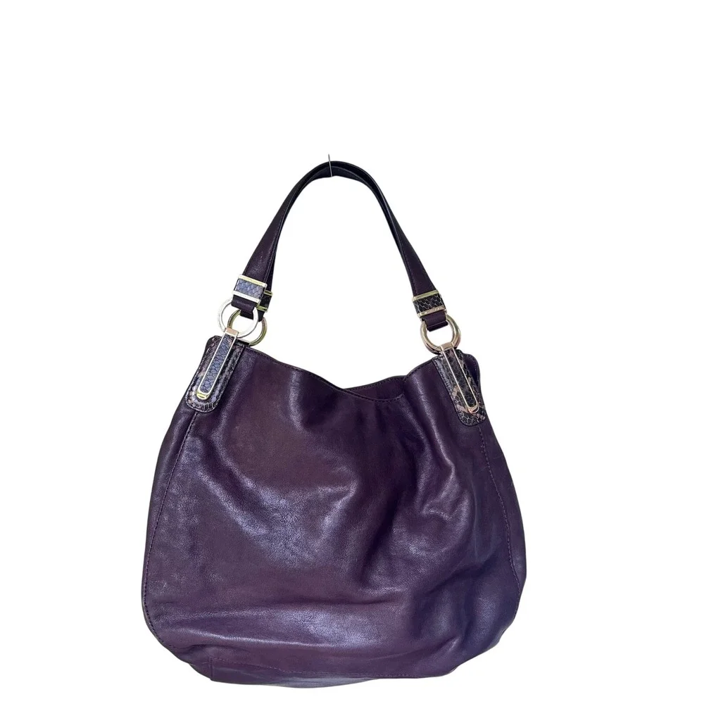 Michael Kors Matilda Brown Leather Shoulder Bag Python Embossed Accents Gold (T)